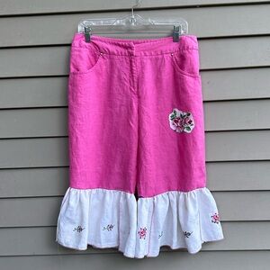 Pink linen wide leg pants bloomers w/ needlepoint roses size 10